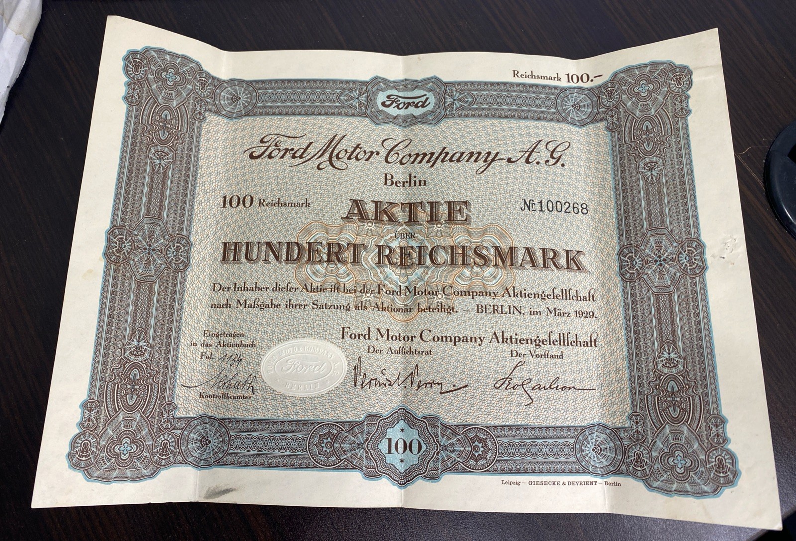 1930 Ford Motor Co. Berlin Germany 100 Reichsmark Stock Certificate W/ Letter
